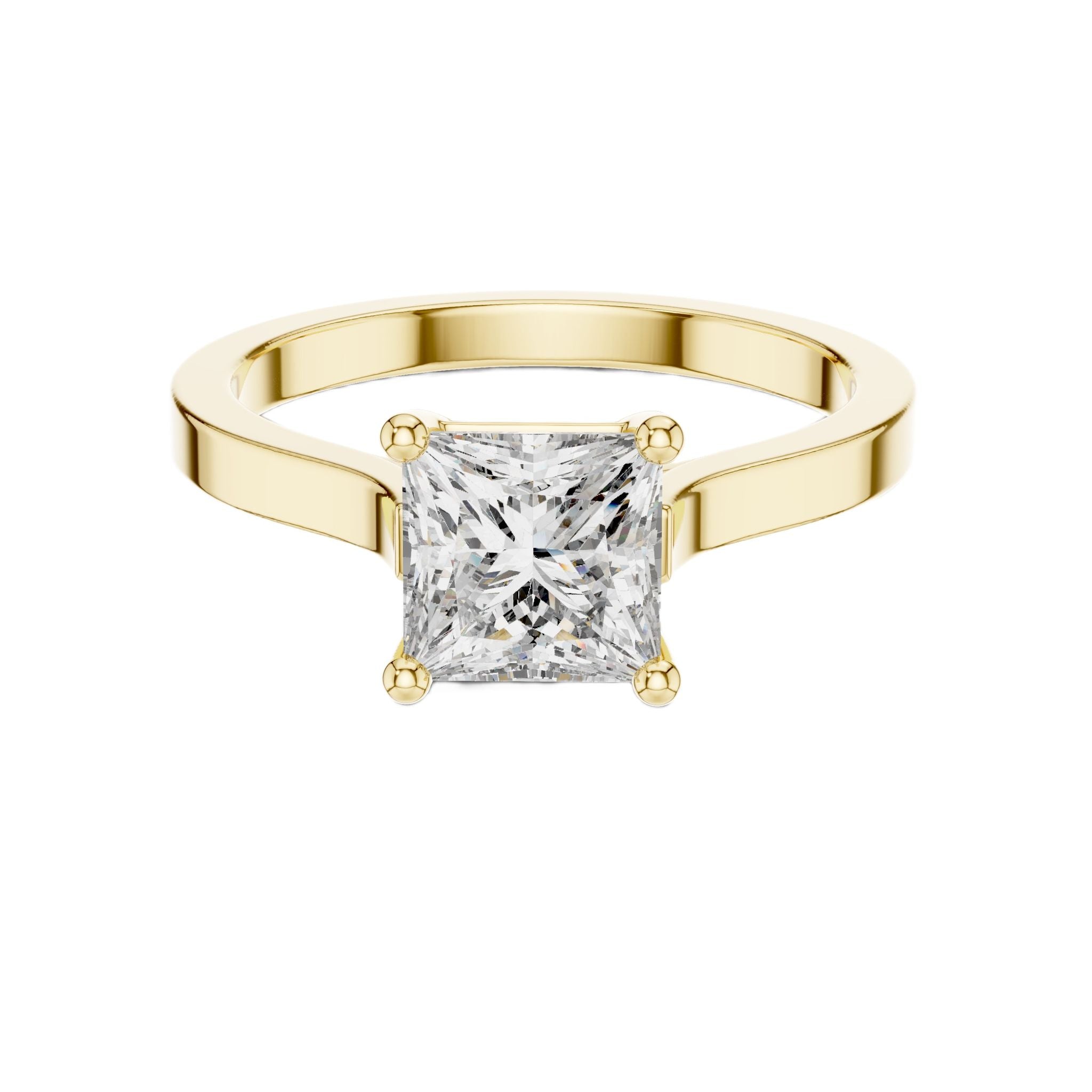 Yellow gold princess-cut diamond solitaire ring with polished band and prongs