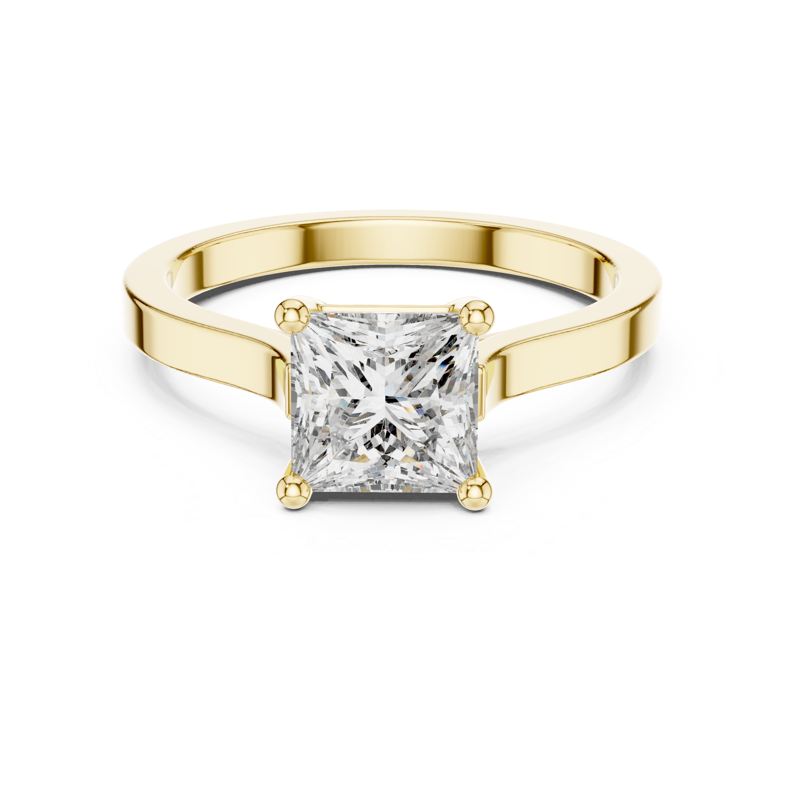 Yellow gold princess-cut diamond solitaire ring with polished band and prongs