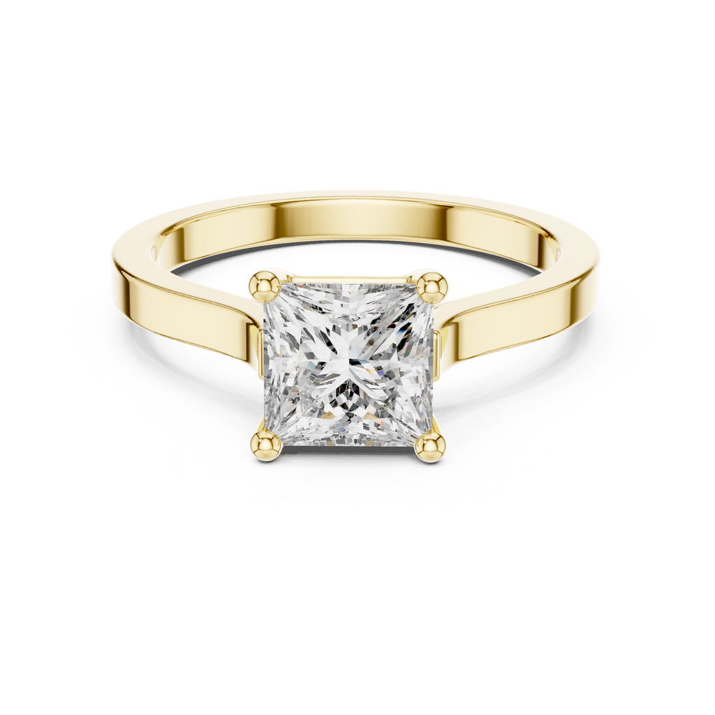 Yellow gold princess-cut solitaire ring with four prongs and smooth band