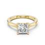 Yellow gold princess-cut diamond solitaire ring, front view with four prongs