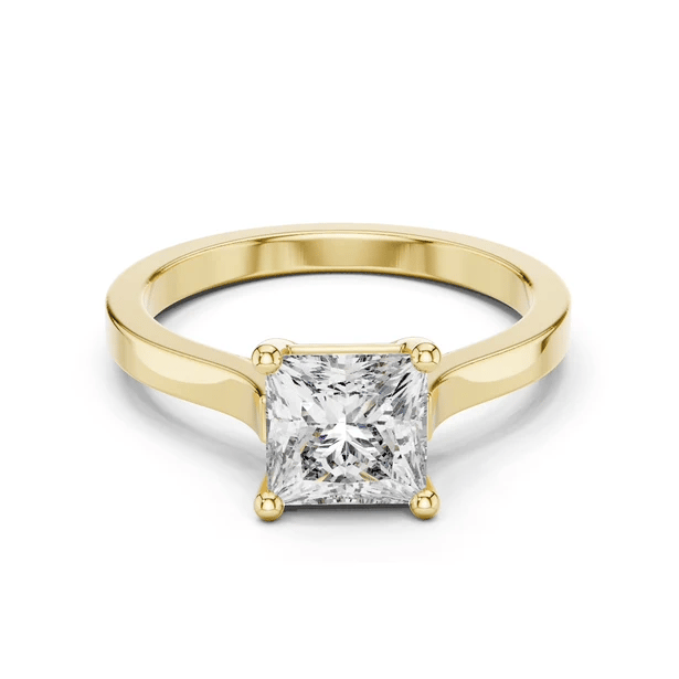 Yellow gold princess-cut diamond solitaire ring, front view with four prongs