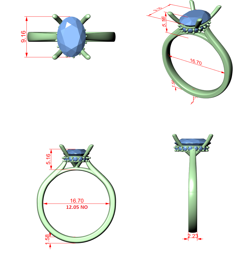 Oval engagement ring CAD model with green band and blue oval center stone
