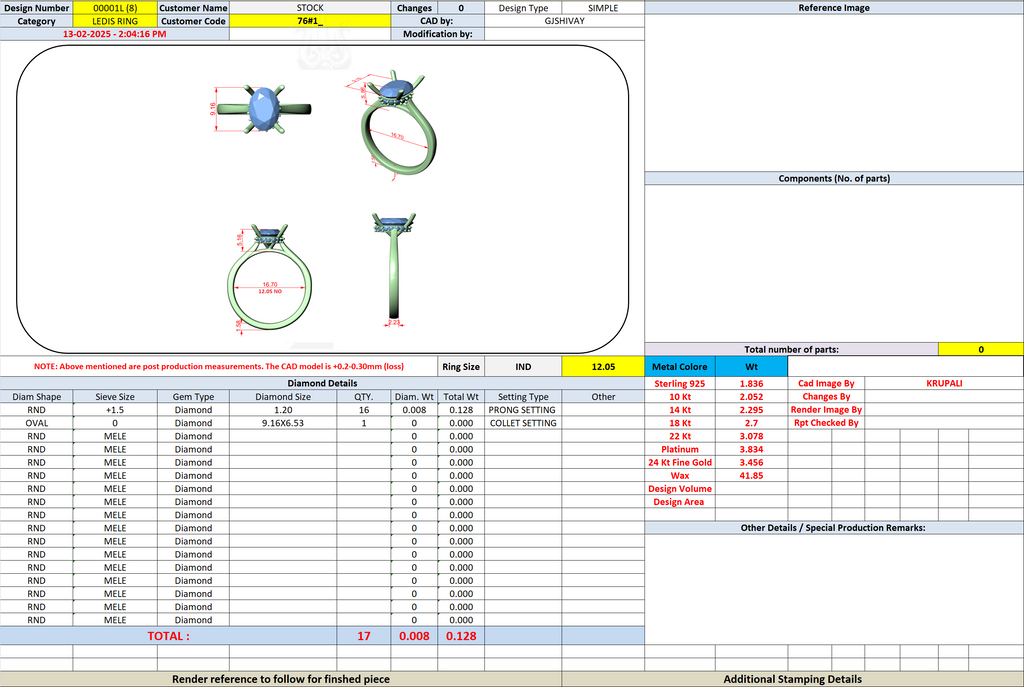Engagement ring design sheet with ring views and bill of materials table