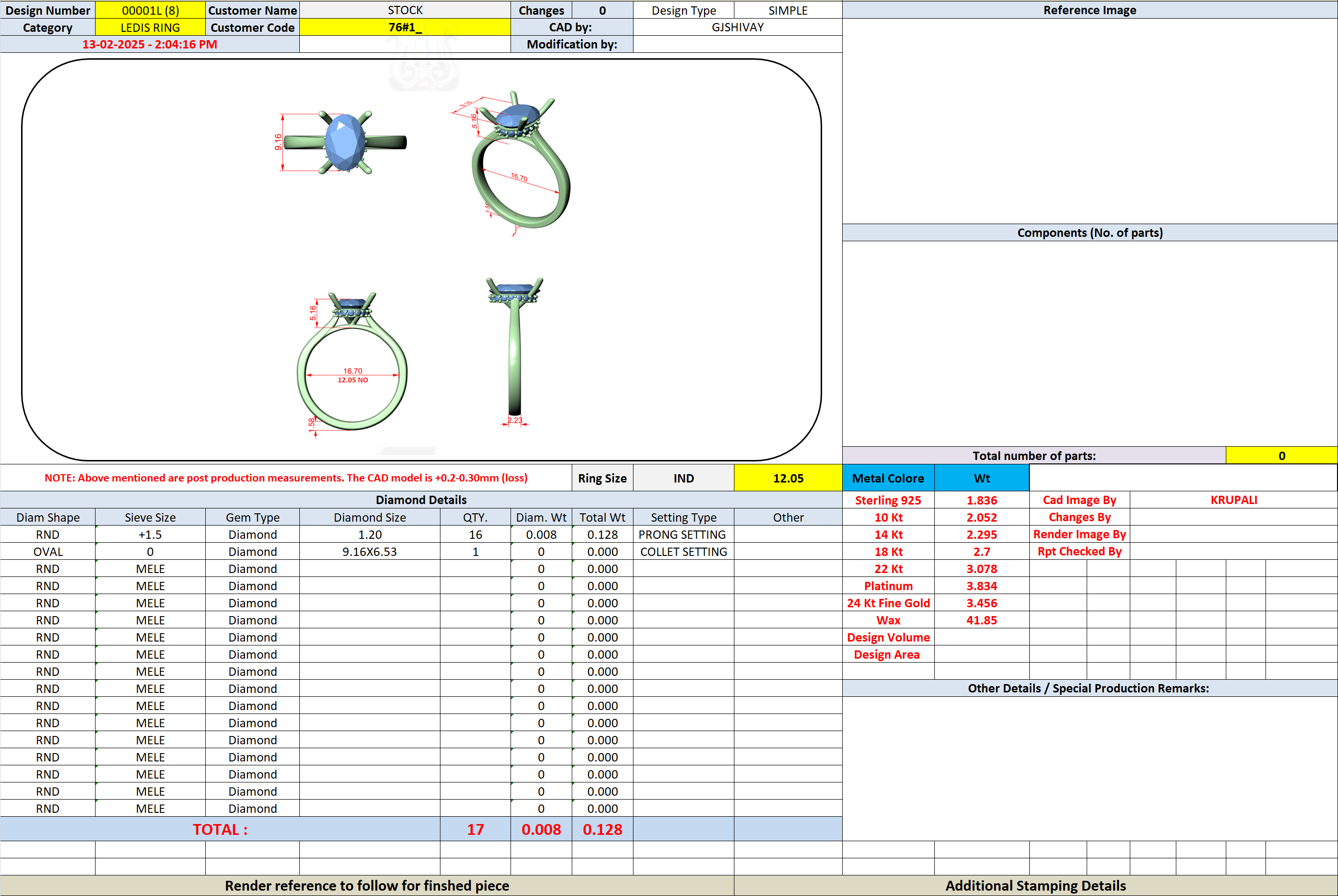Engagement ring design sheet with ring views and bill of materials table