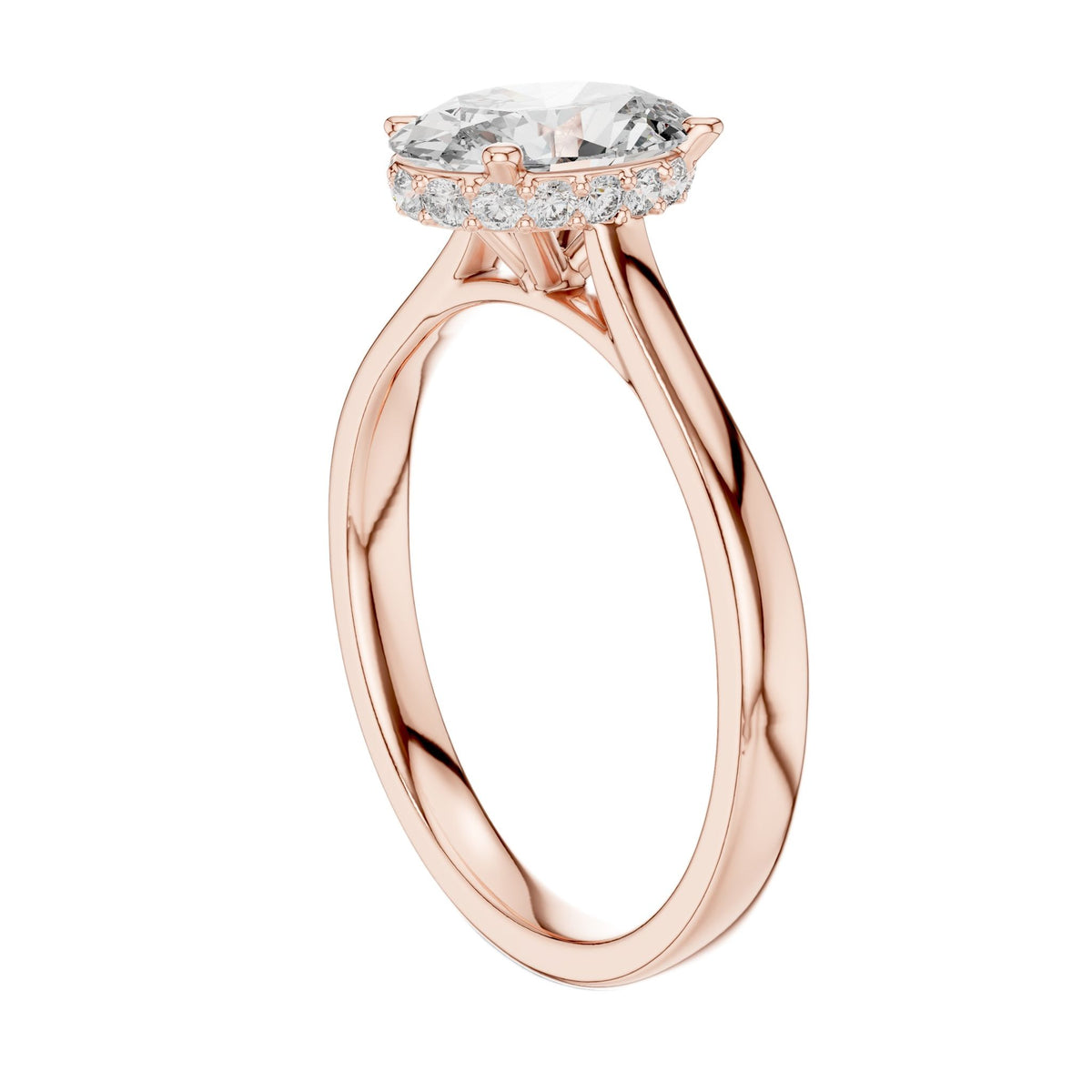 Rose gold oval-cut diamond engagement ring with pavé halo settings