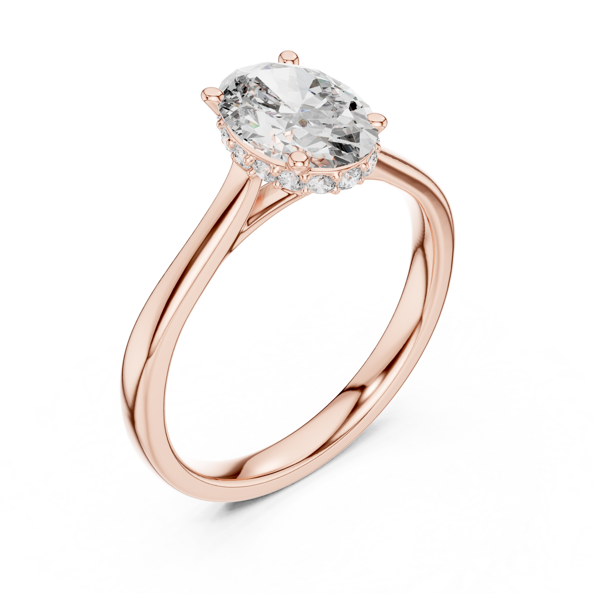 Rose gold engagement ring with oval center diamond and pavé halo band