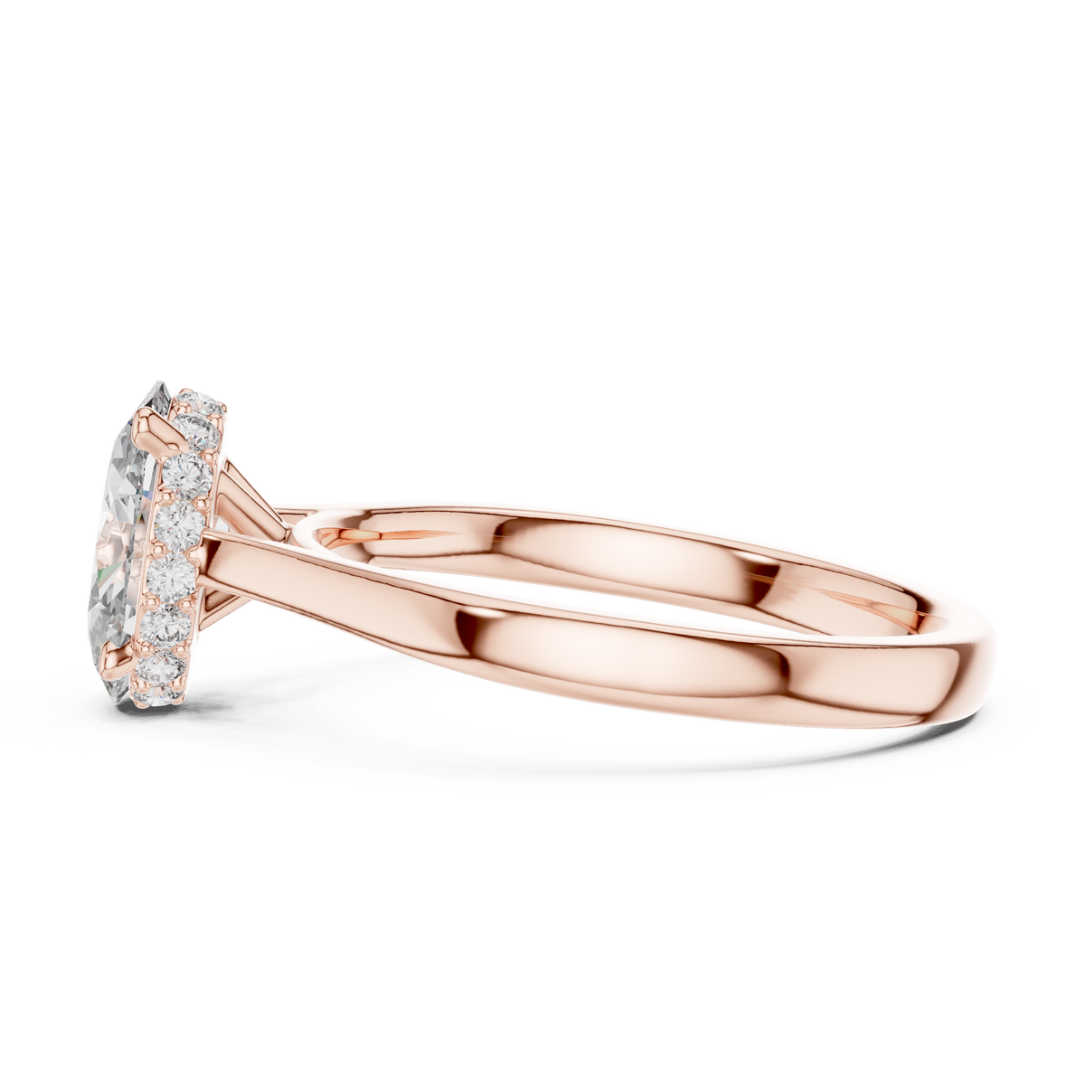 Rose gold oval diamond engagement ring, side view with slim split shank