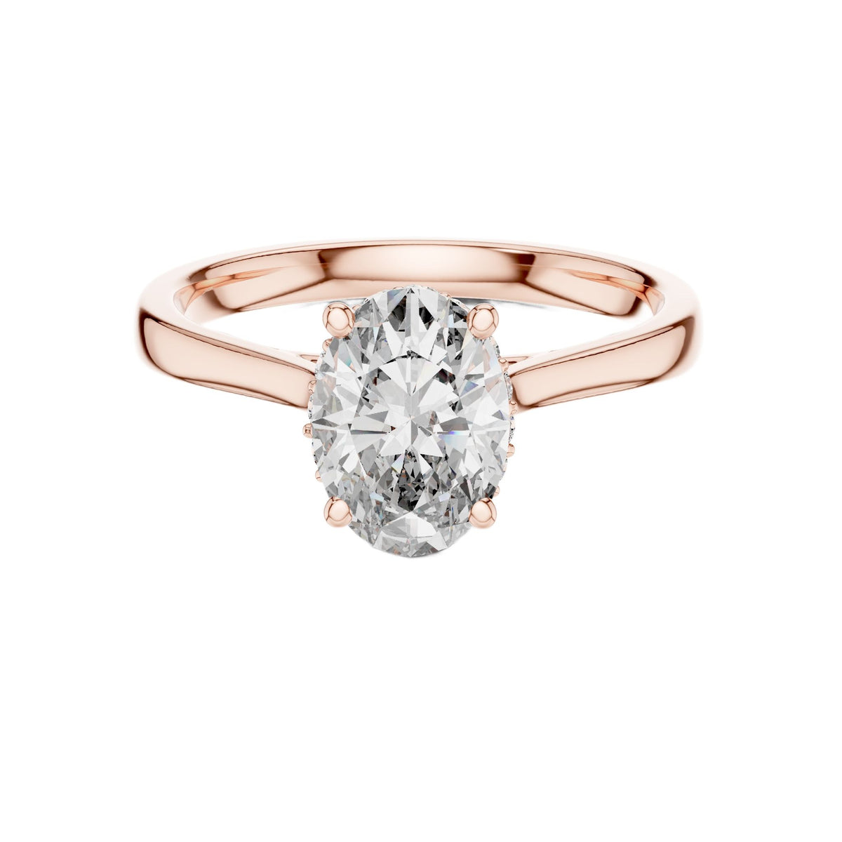 Rose gold oval diamond engagement ring with oval center stone and pavé details