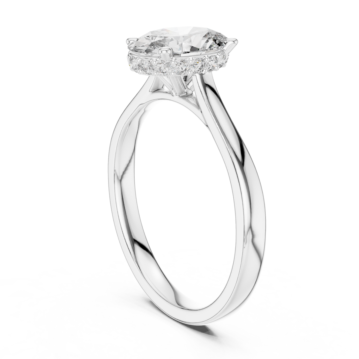White gold oval-cut diamond engagement ring with pavé halo settings