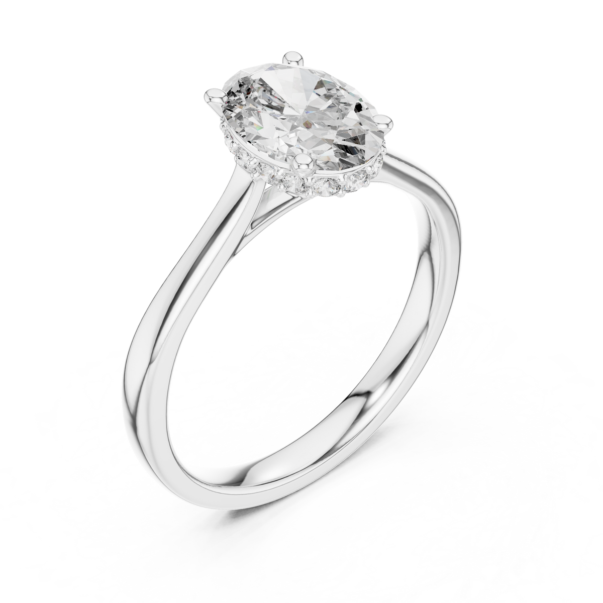 White gold engagement ring with oval center diamond and pavé halo band