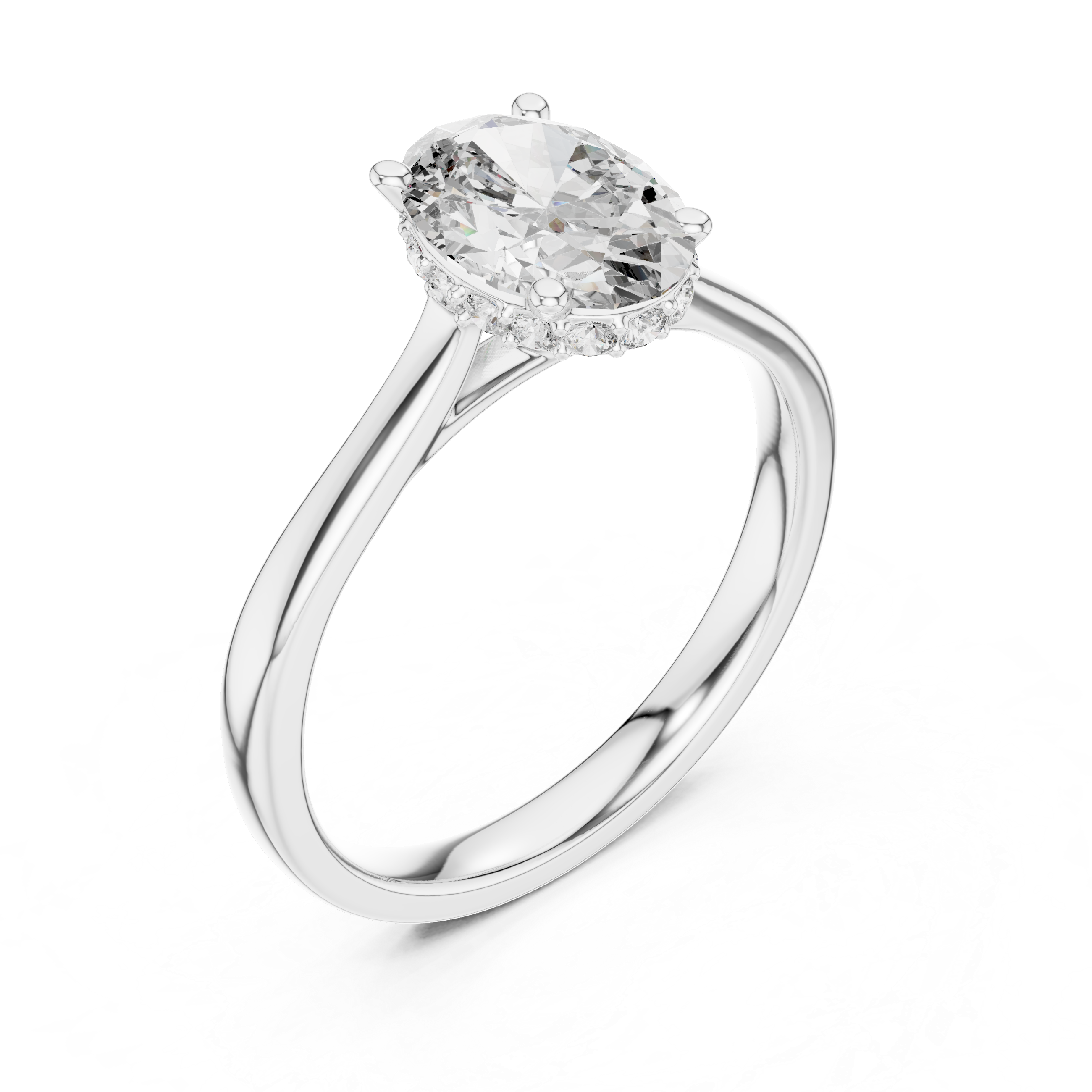 White gold engagement ring with oval center diamond and pavé halo band