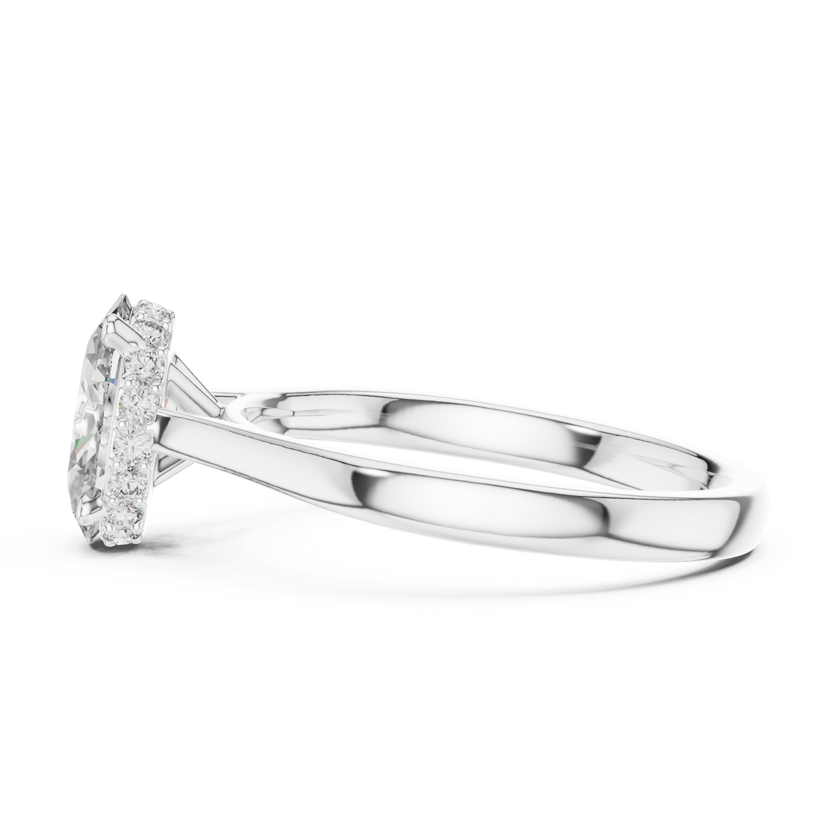 White gold oval diamond engagement ring, side view with slim split shank