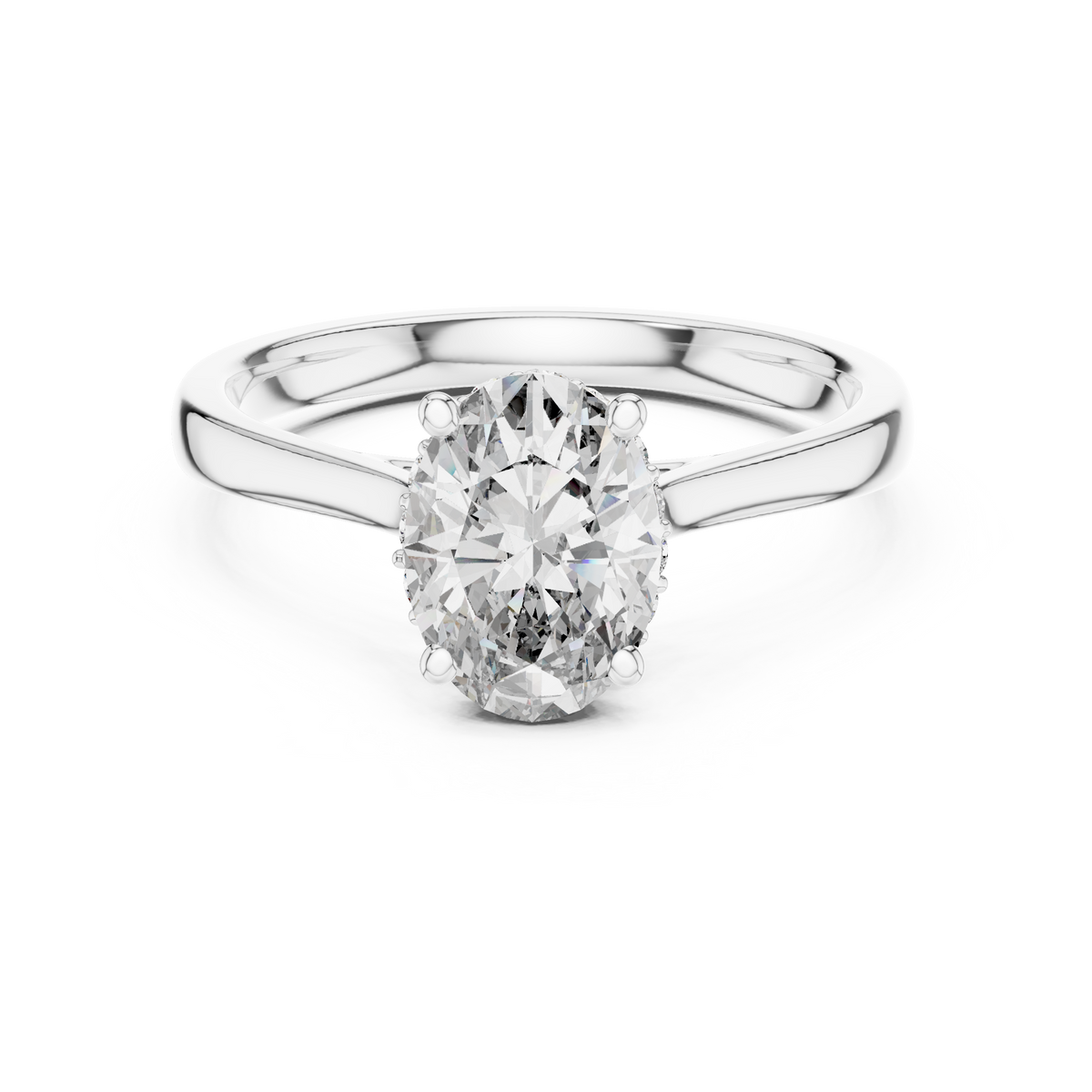 White gold oval diamond engagement ring with oval center stone and pavé shank