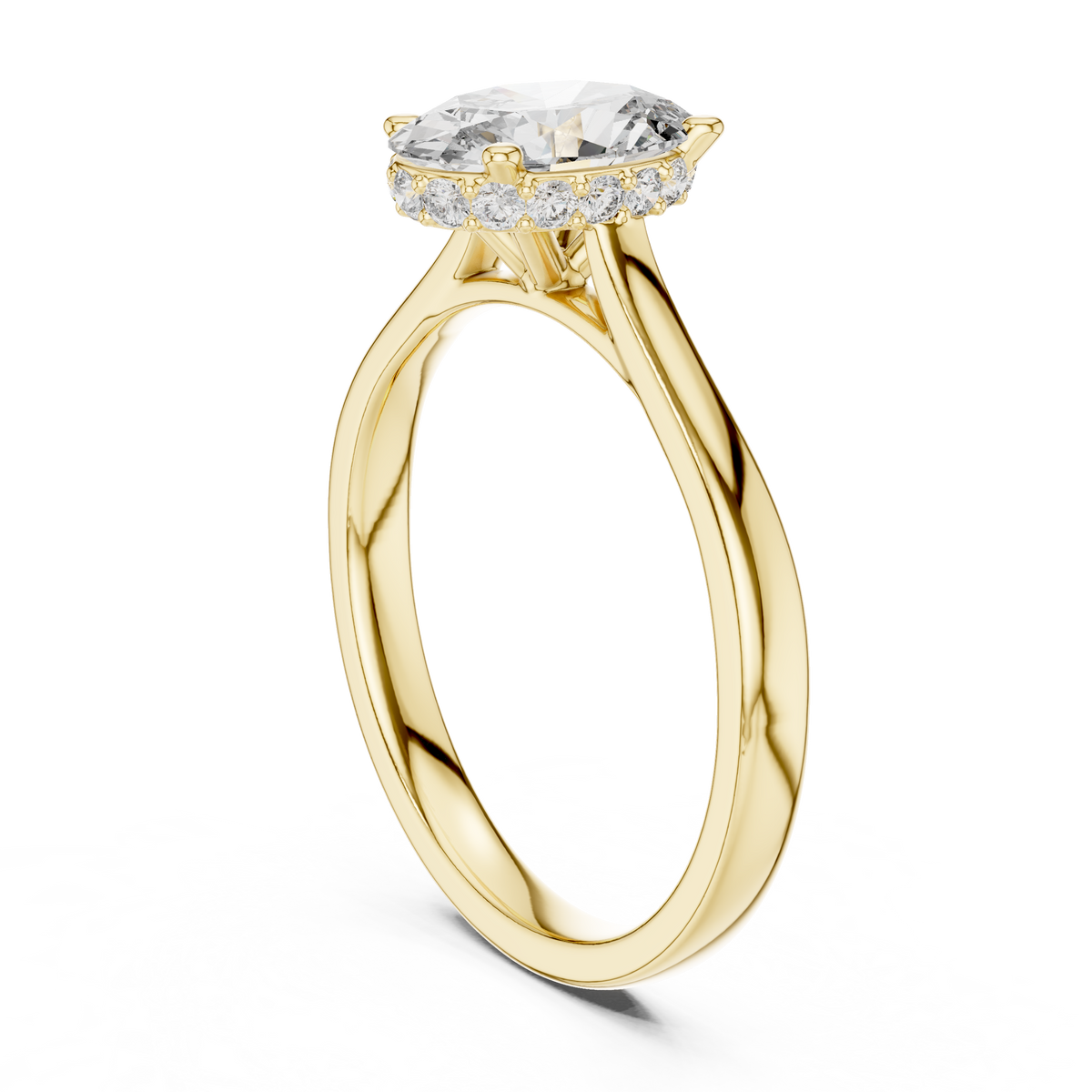 Yellow gold oval diamond ring with hidden halo, slim band