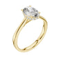 Yellow gold oval diamond ring with raised halo detail and tapered shank