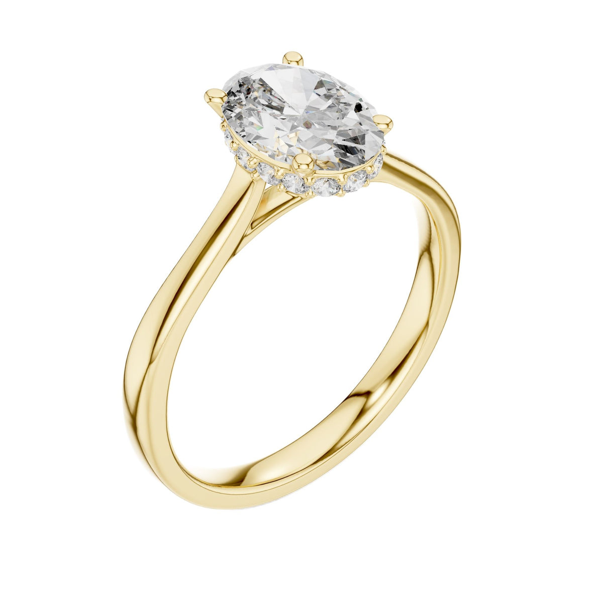 Yellow gold oval diamond ring with raised halo detail and tapered shank