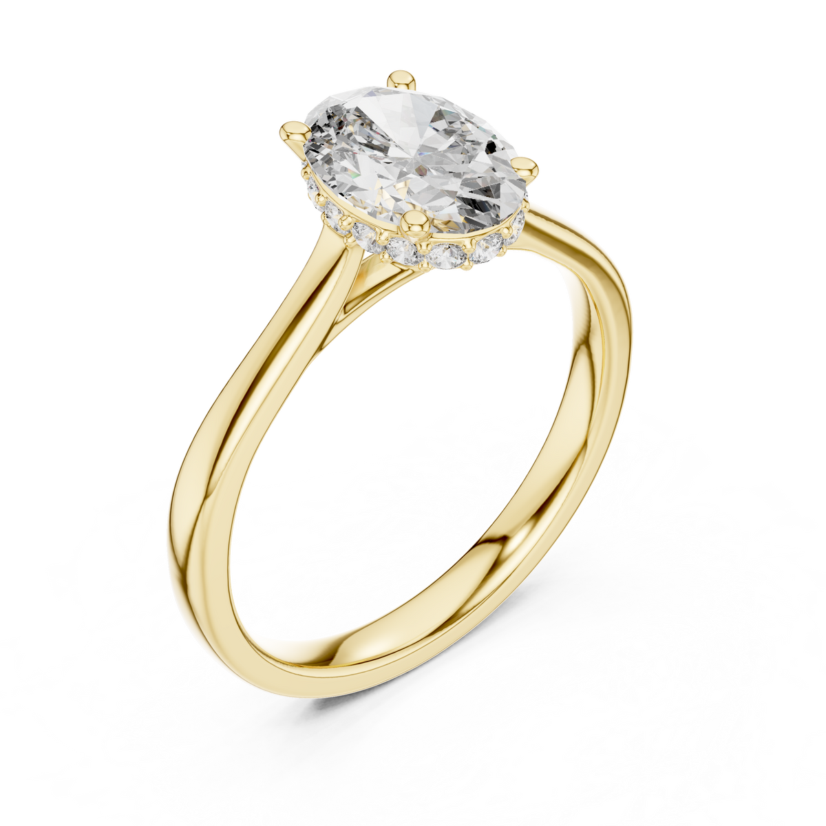 Yellow gold oval diamond ring with raised halo detail and tapered shank