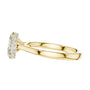 Yellow gold oval diamond ring, side view with hidden halo prongs