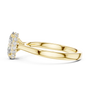 Yellow gold oval diamond ring, side view with hidden halo prongs