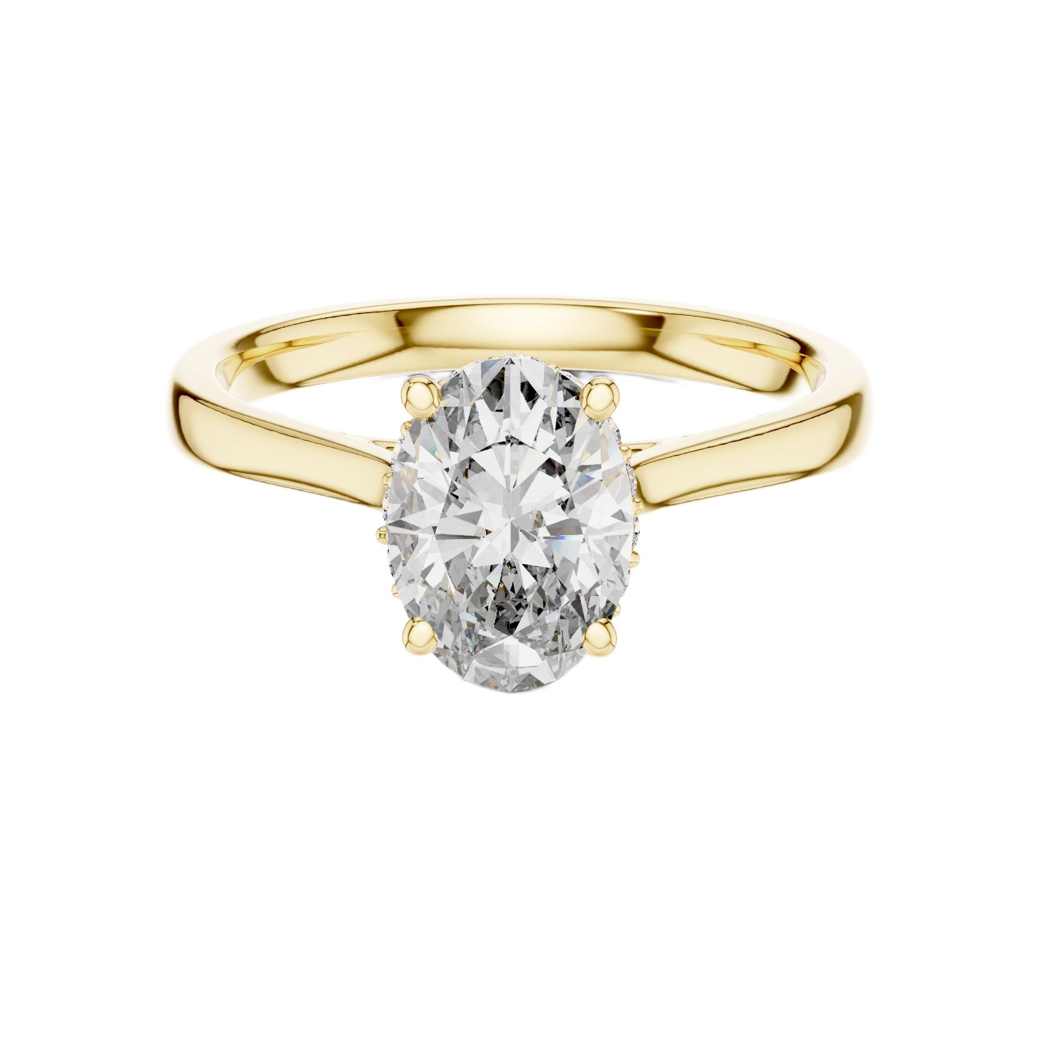 Yellow gold oval diamond ring with center oval stone and hidden halo accents