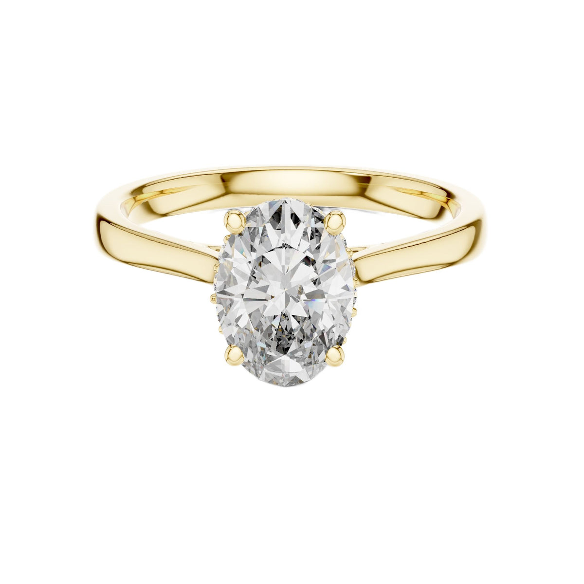 Yellow gold oval diamond ring with center oval stone and hidden halo accents