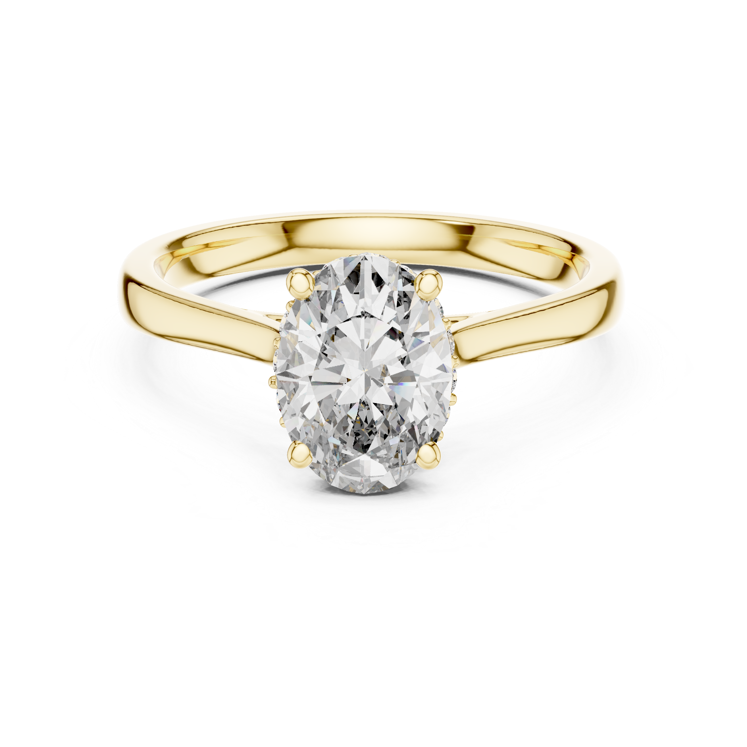 Yellow gold oval diamond ring with center oval stone and hidden halo accents