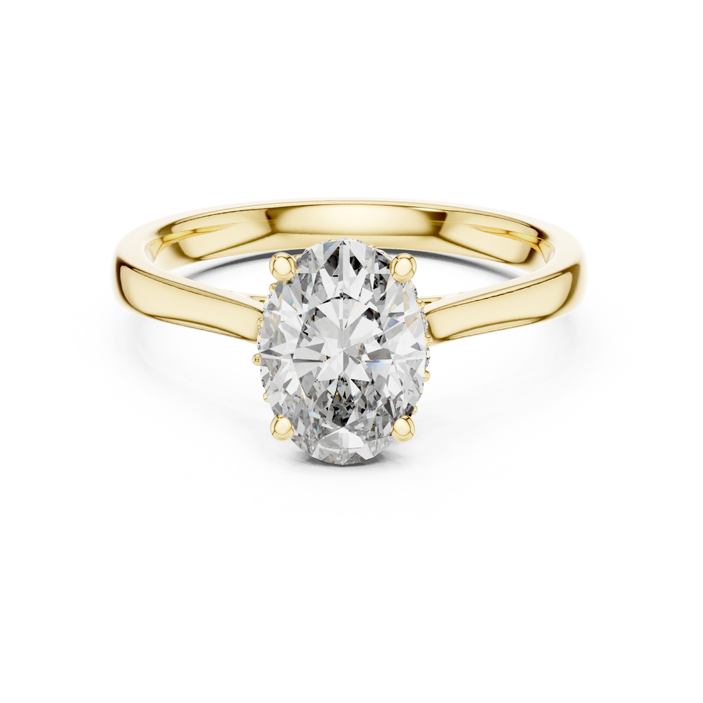 Yellow gold oval engagement ring with large oval center diamond and split shank