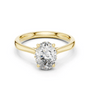 Yellow gold oval diamond ring with center oval stone and halo set shoulders