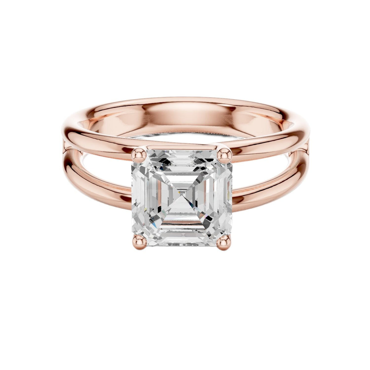 Rose gold split-shank diamond ring with square Asscher center stone