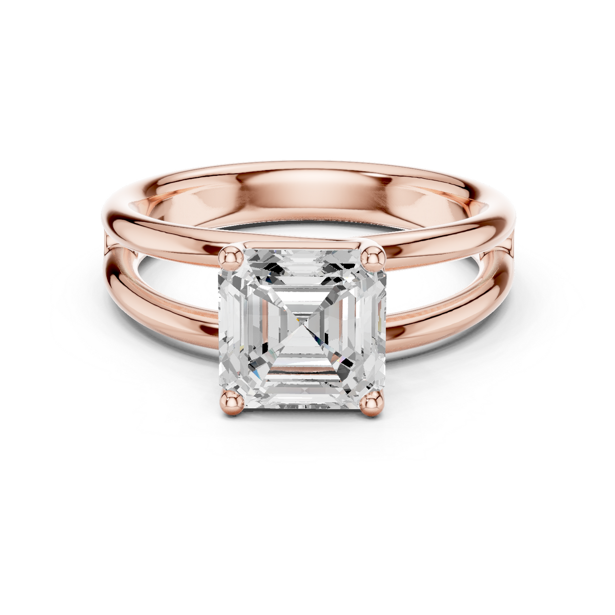 Rose gold split-shank diamond ring with square Asscher center stone