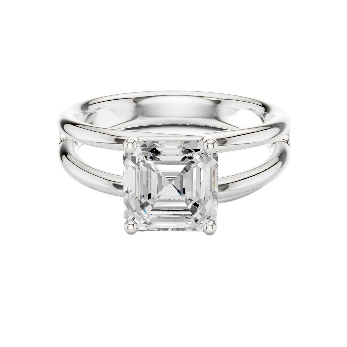 White gold split-shank diamond ring with square Asscher center stone
