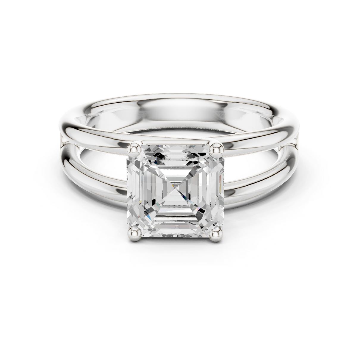 White gold split-shank diamond ring with square Asscher center stone