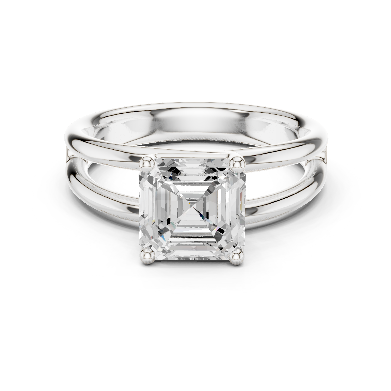 White gold split-shank diamond ring with square Asscher center stone