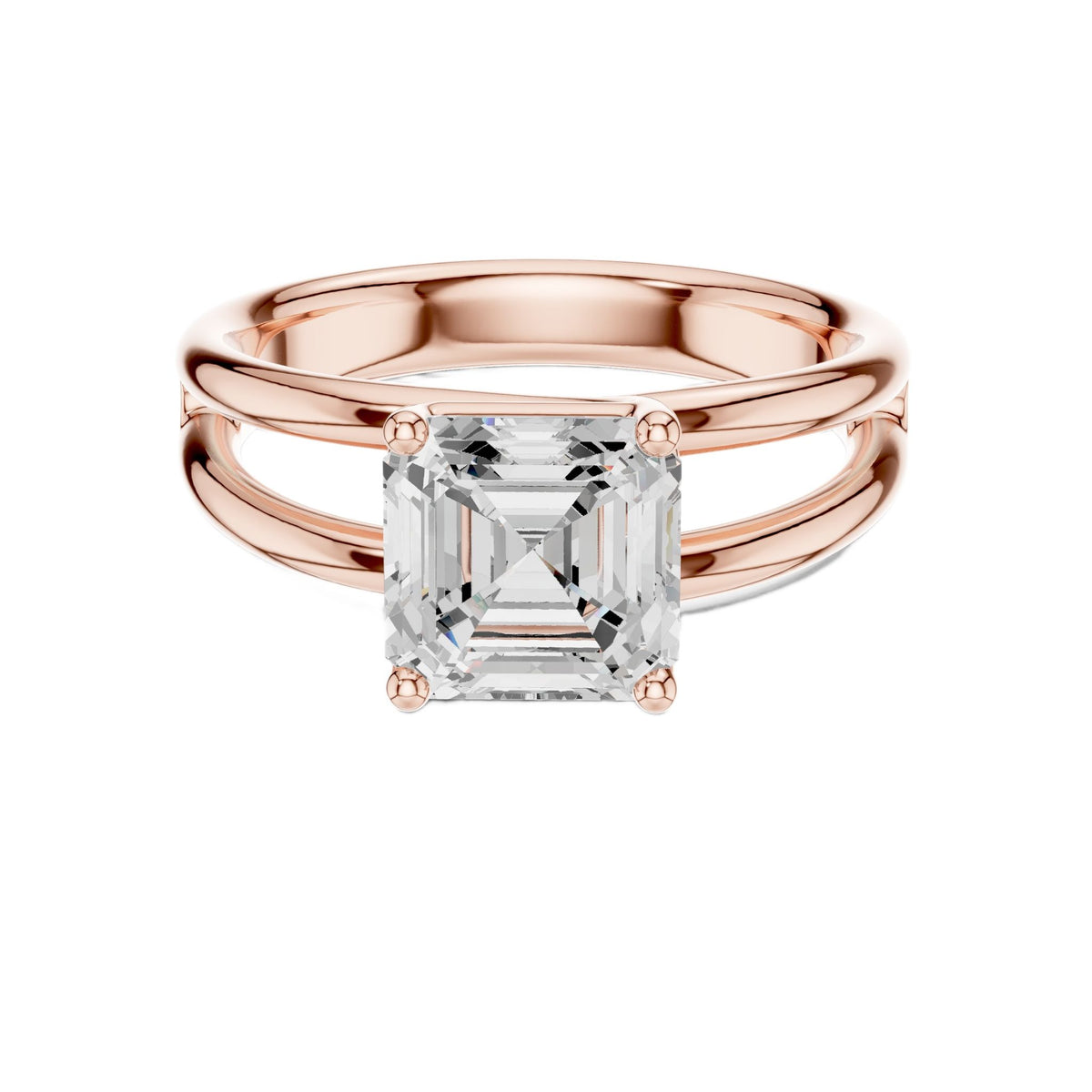 Rose gold split shank Asscher cut diamond ring with four-prong center setting