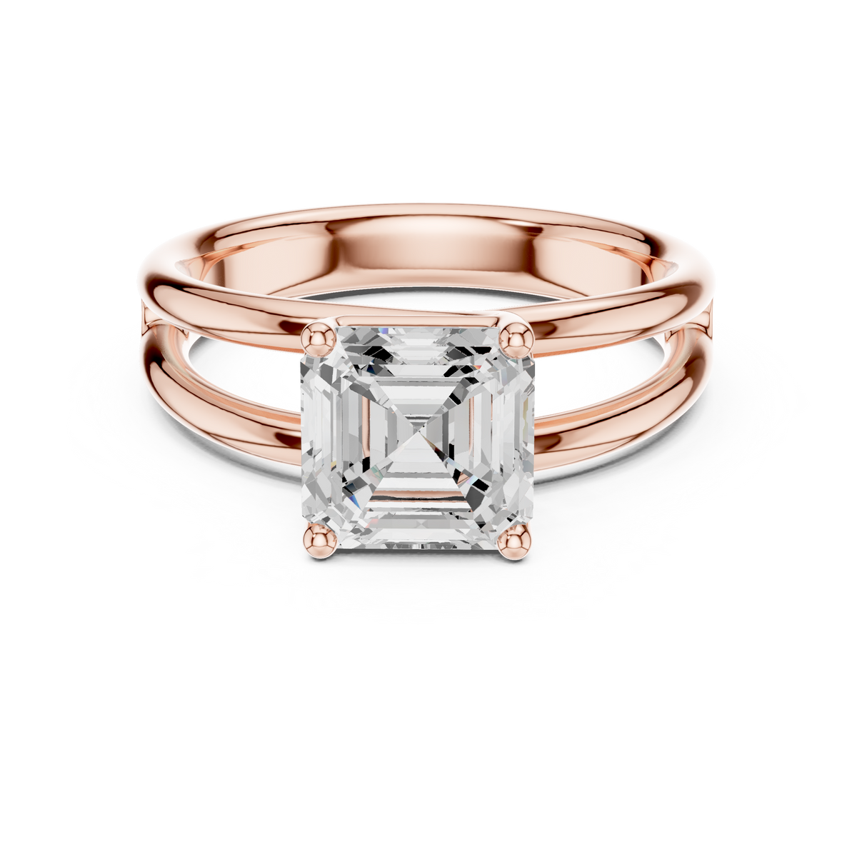 Rose gold split shank Asscher cut diamond ring with four-prong center setting