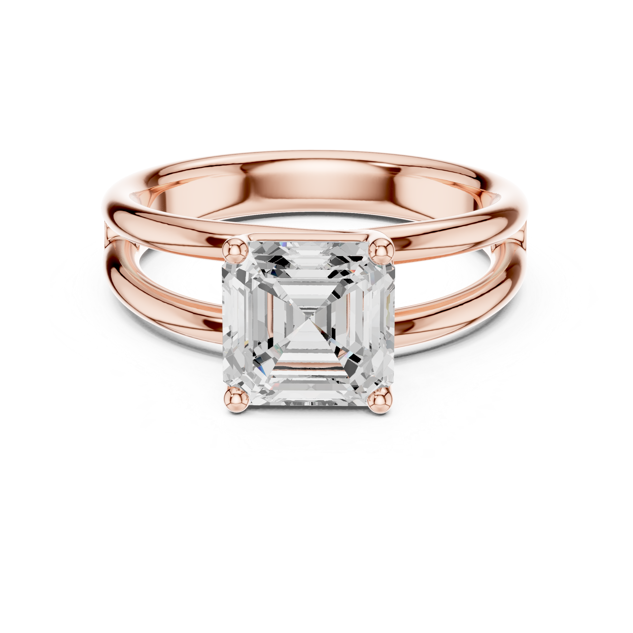 Rose gold split-shank ring with Asscher-cut center diamond