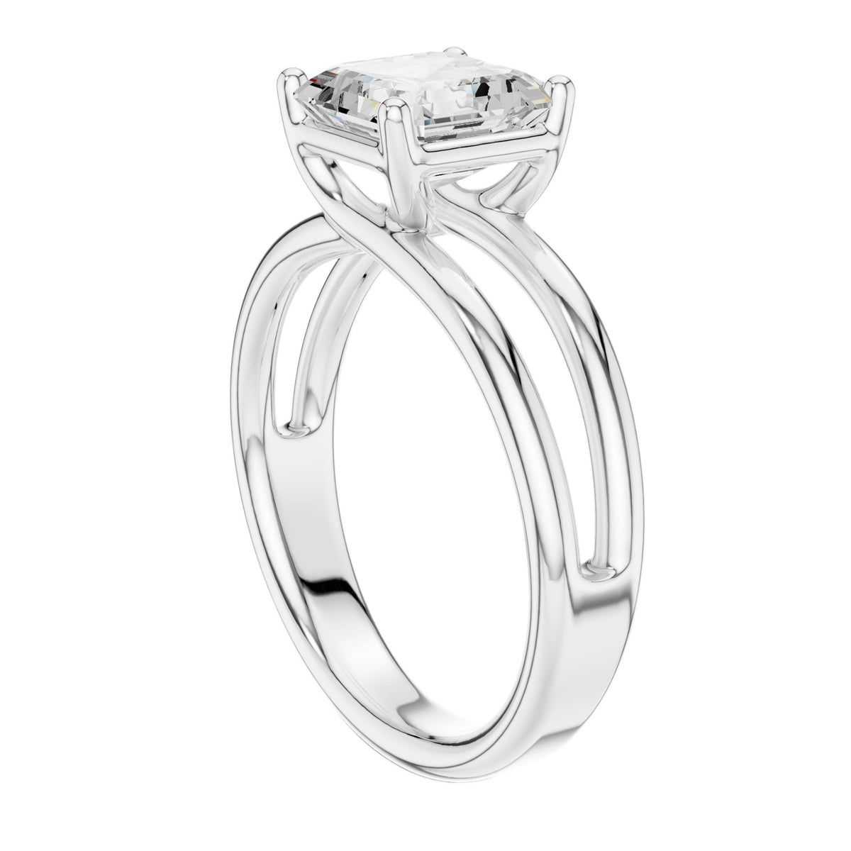 White gold diamond ring with Asscher center stone and split-shank band
