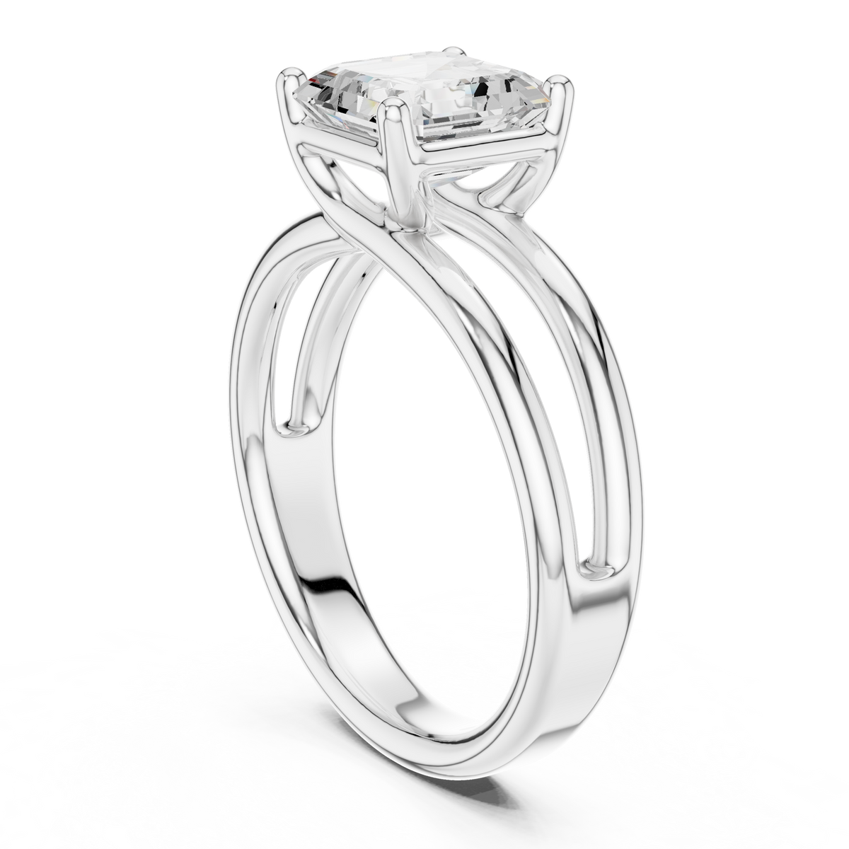 White gold diamond ring with Asscher center stone and split-shank band