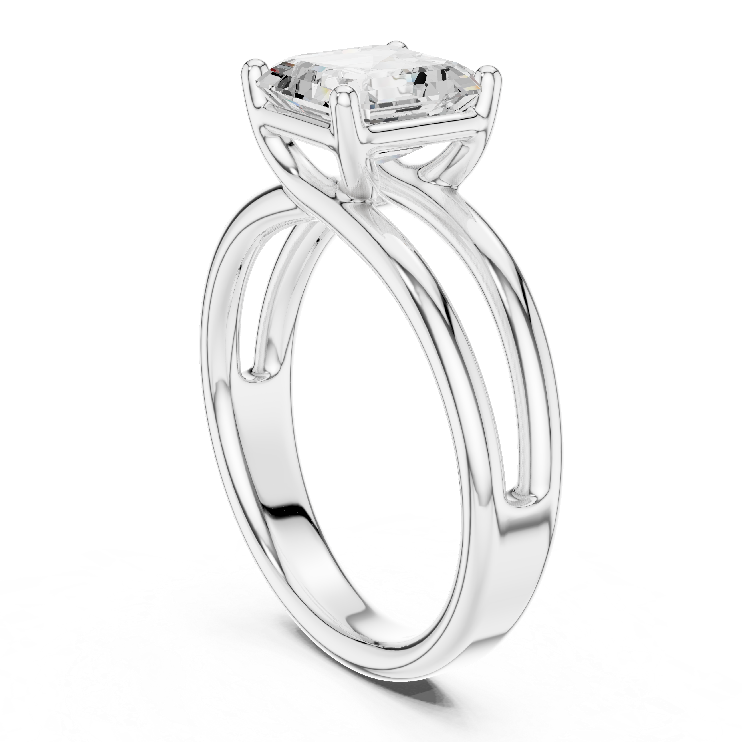 White gold diamond ring with Asscher center stone and split-shank band