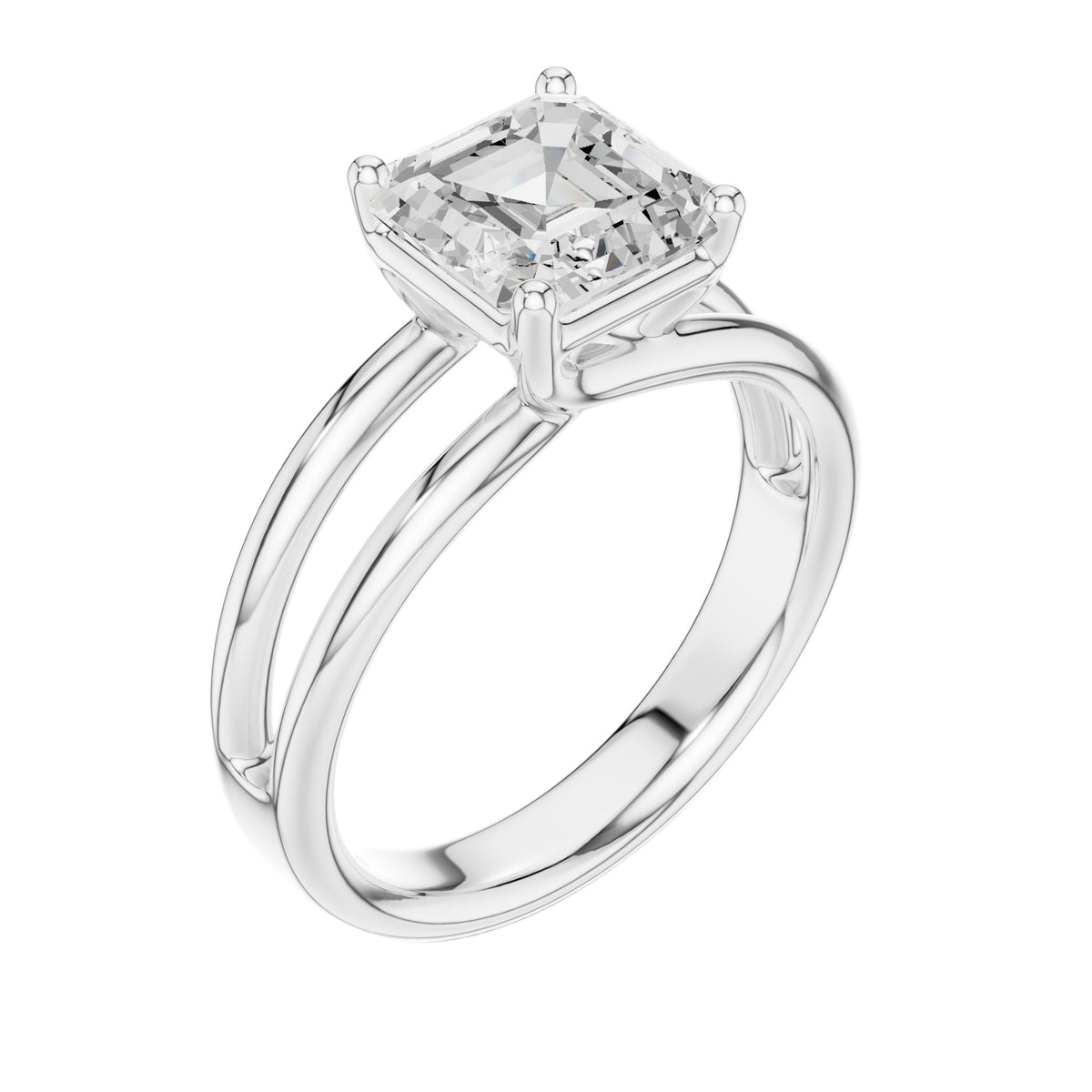 White gold diamond ring with Asscher center stone and split-shank band