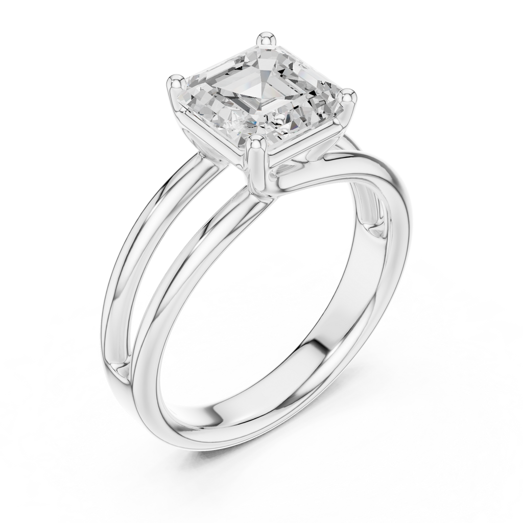 White gold diamond ring with Asscher center stone and split-shank band