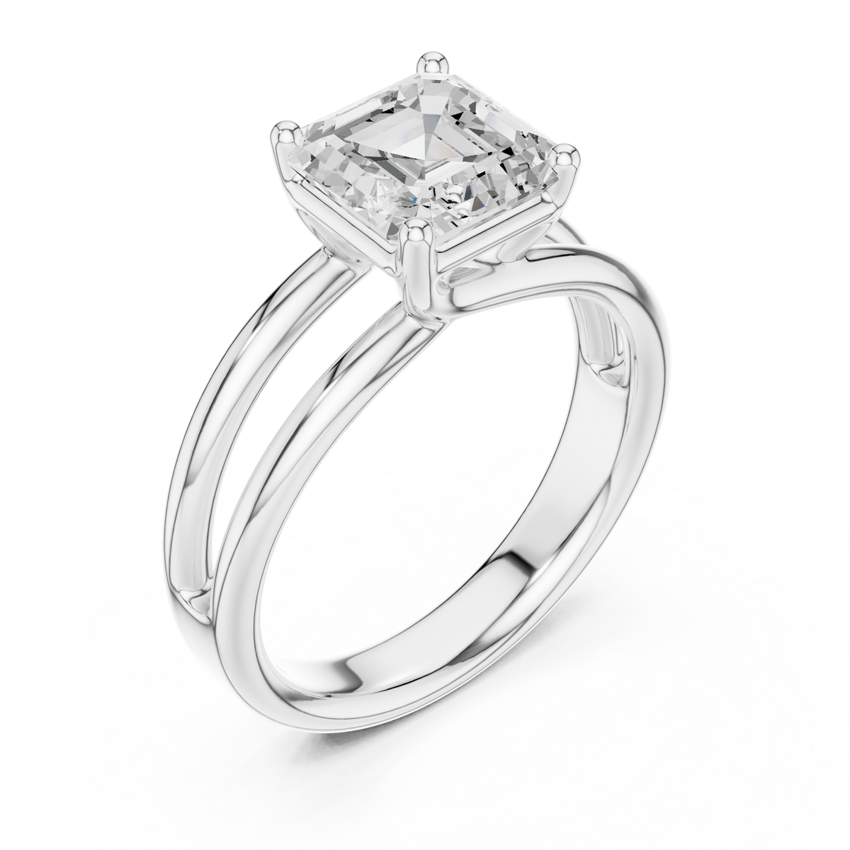 White gold diamond ring with Asscher center stone and split-shank band
