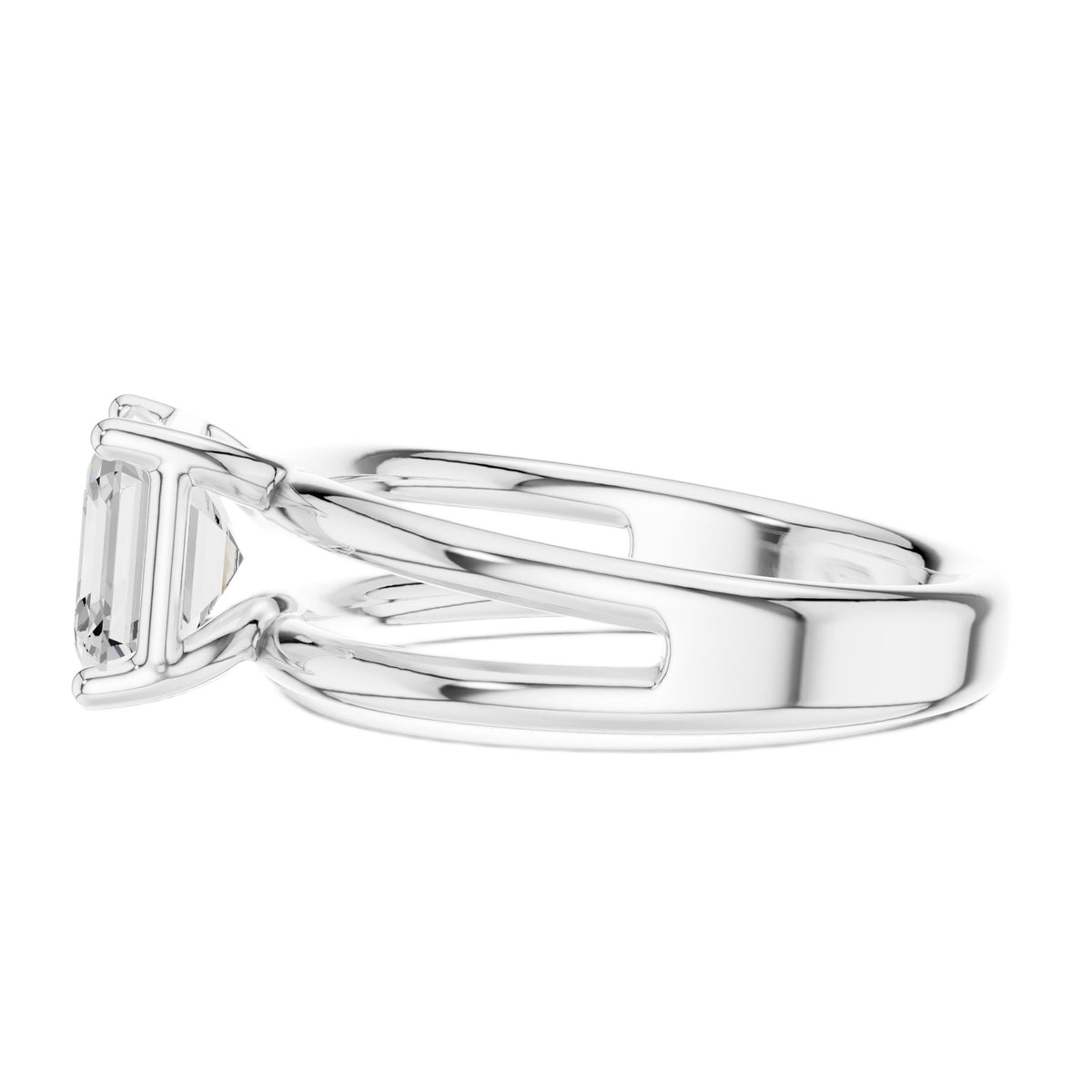 White gold split-shank diamond ring with prong-set Asscher center stone