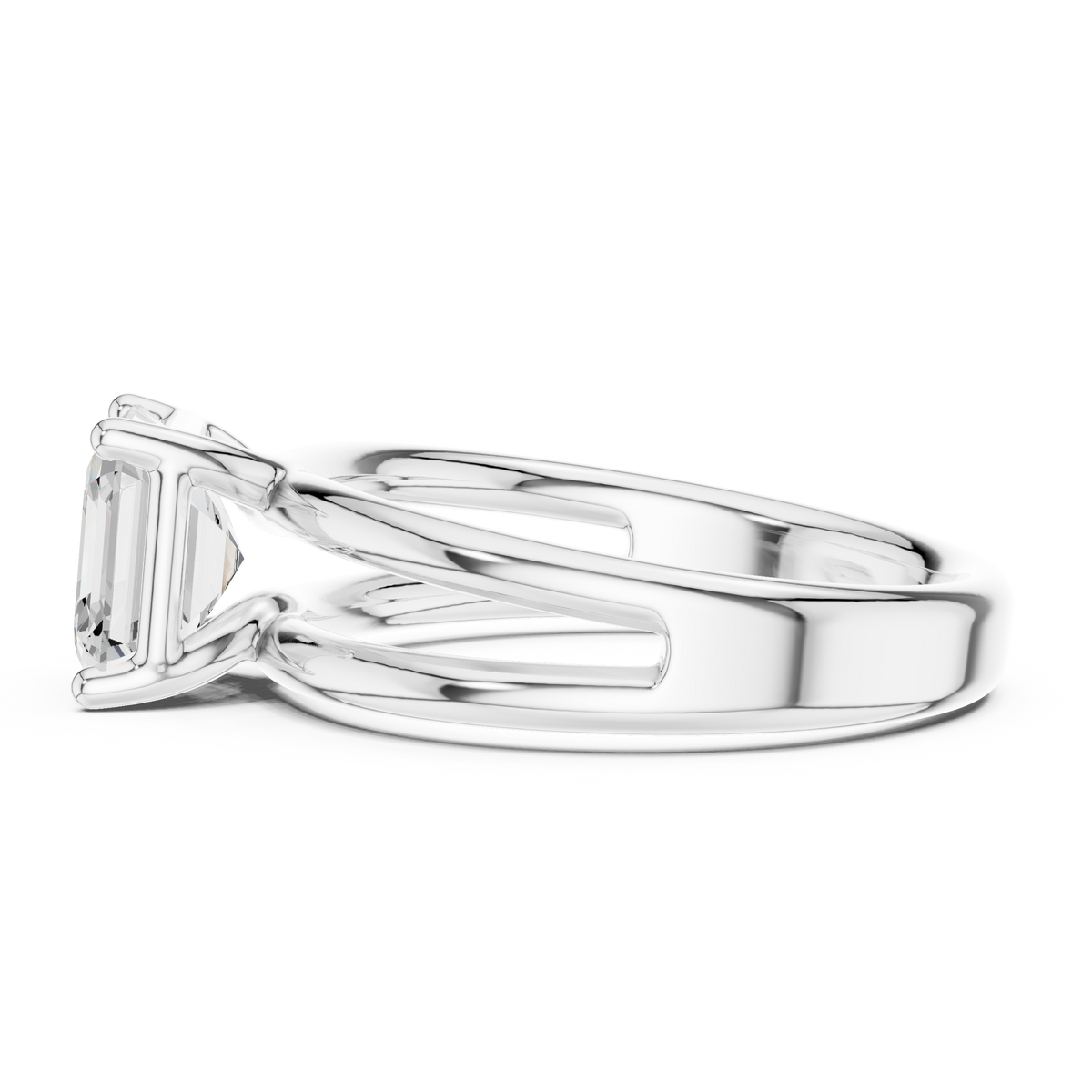 White gold split-shank diamond ring with prong-set Asscher center stone