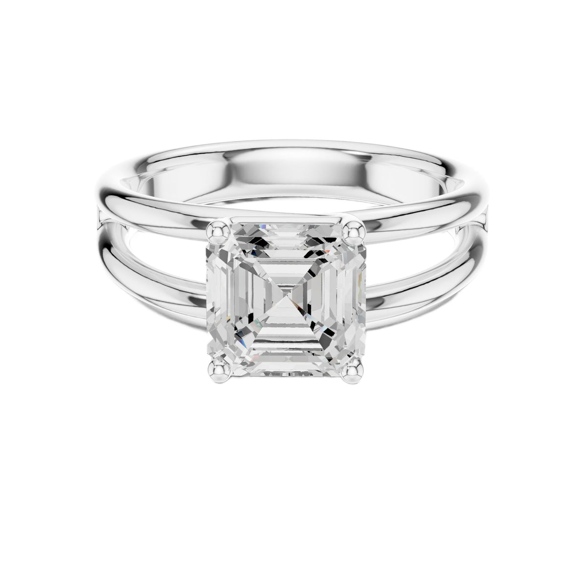 White gold split-shank diamond ring with Asscher center stone and side details