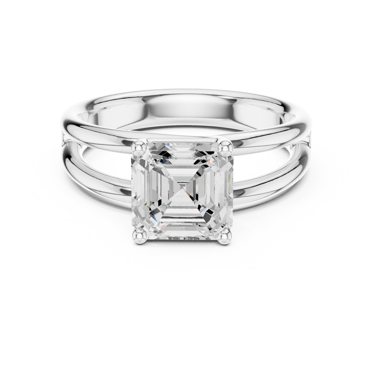 White gold split-shank diamond ring with Asscher center stone and side details