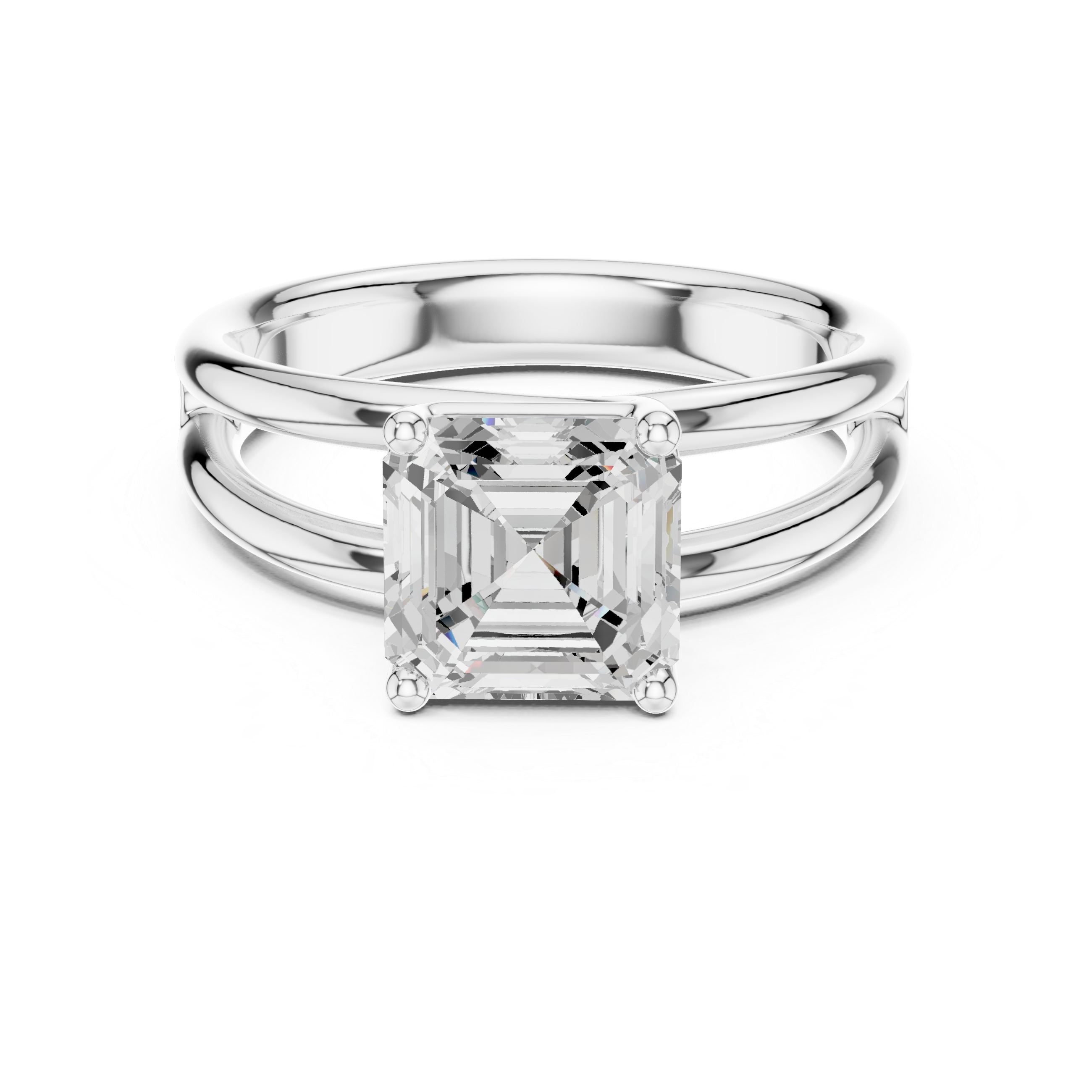 White gold split-shank diamond ring with Asscher center stone and side details