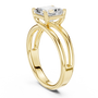 Yellow gold split shank diamond ring showing side profile of the prong-set stone