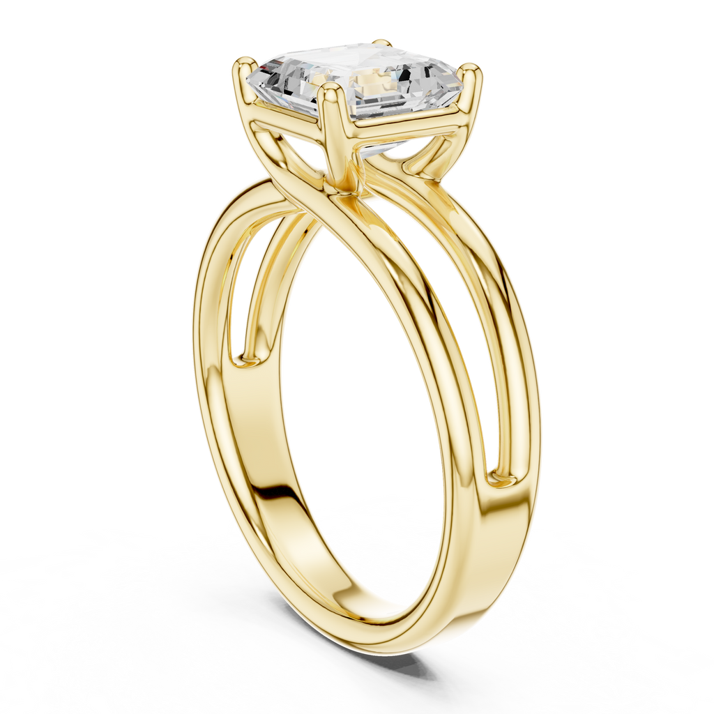 Yellow gold split-shank ring with Asscher-cut center diamond, angled view