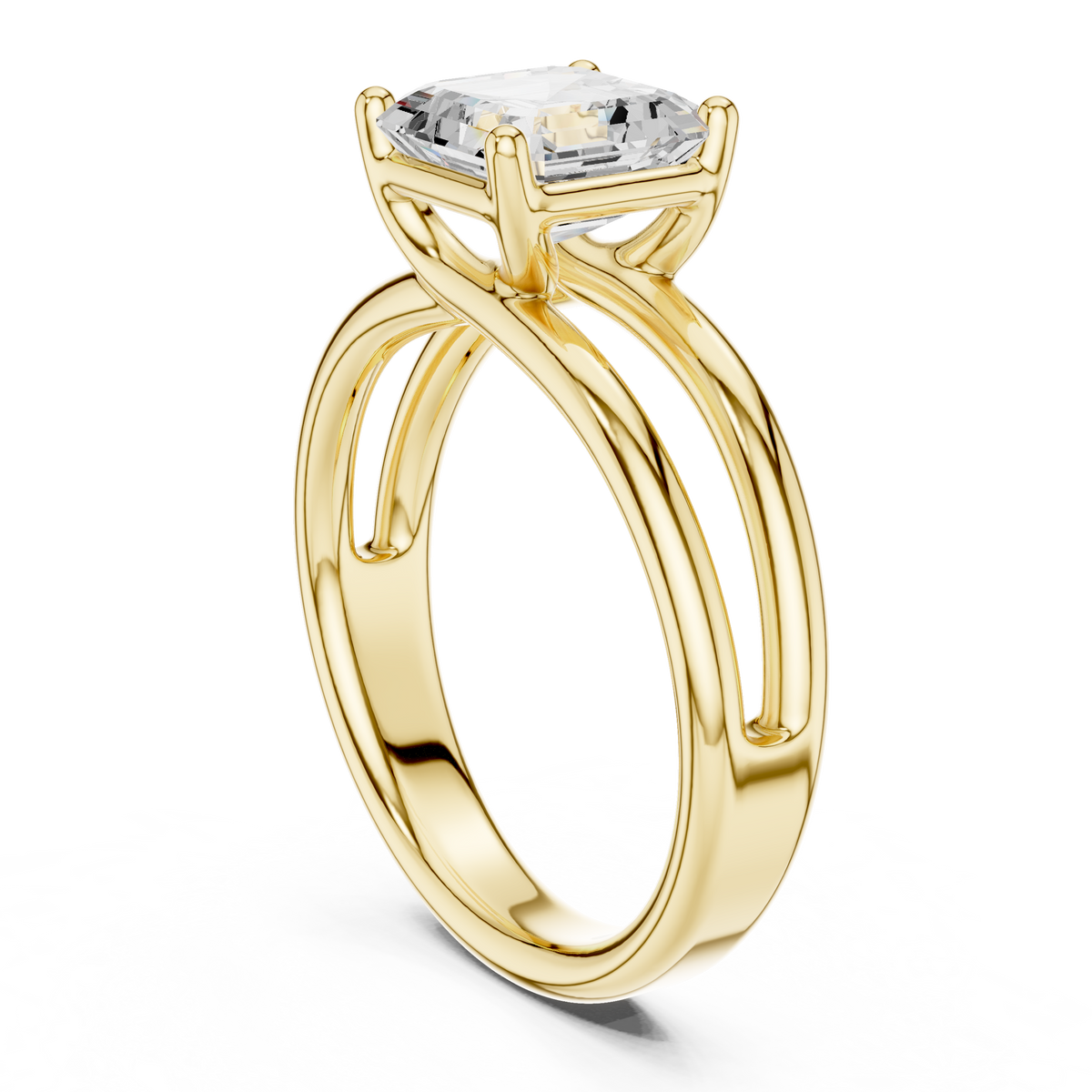 Yellow gold split shank diamond ring showing side profile of the prong-set stone